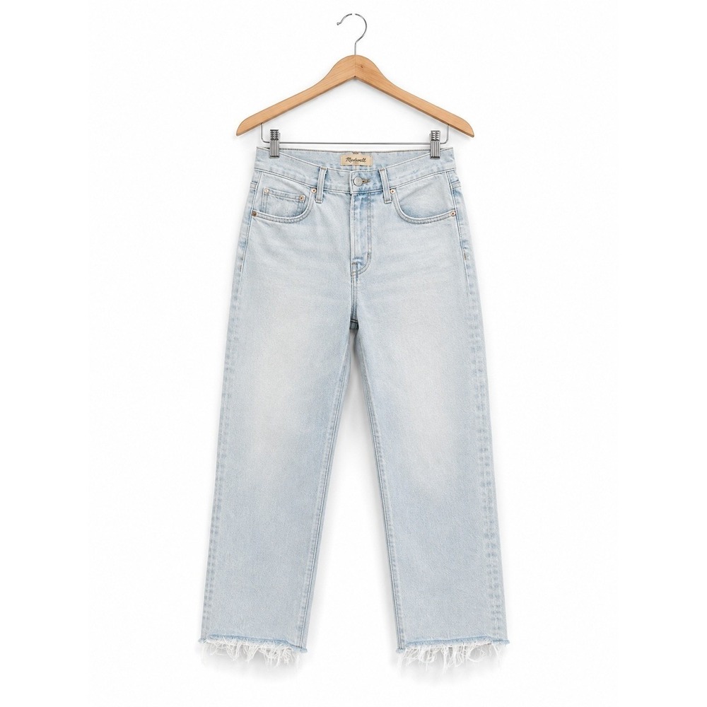 Madewell High Rise Straight Crop Jeans Light Wash Frayed Hem Women 25